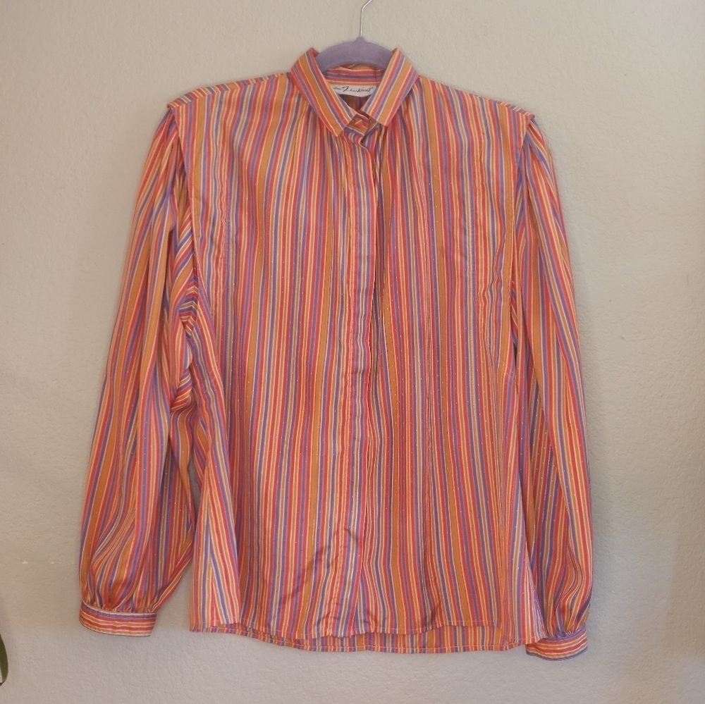 Vintage 80s Helen Fabrikant Pleated Balloon Sleeve Boho Grandma Striped Top 8